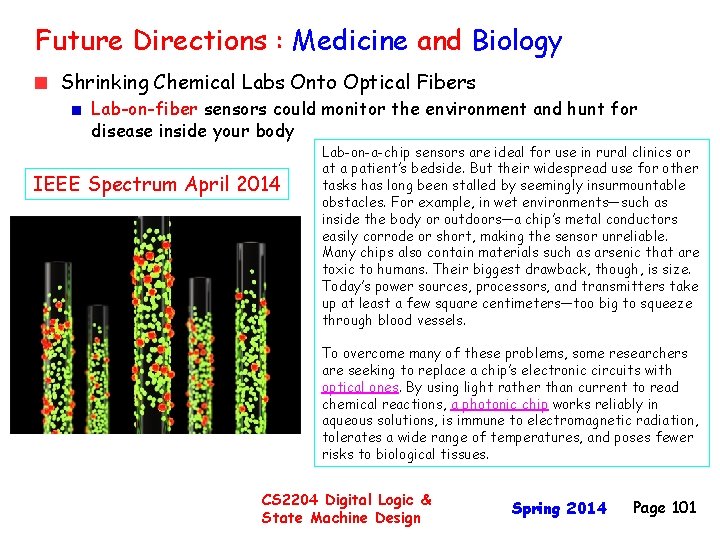 Future Directions : Medicine and Biology Shrinking Chemical Labs Onto Optical Fibers Lab-on-fiber sensors