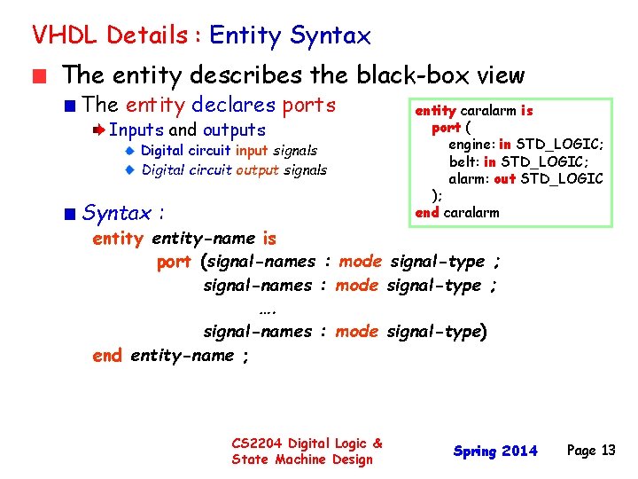 VHDL Details : Entity Syntax The entity describes the black-box view The entity declares