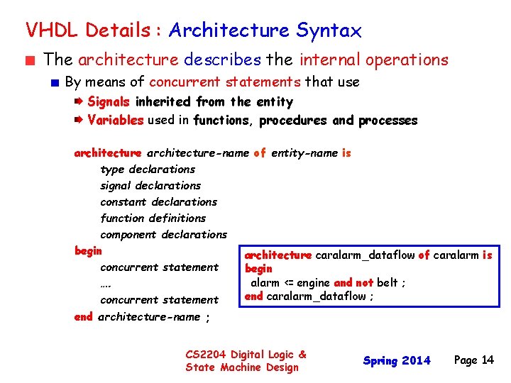 VHDL Details : Architecture Syntax The architecture describes the internal operations By means of