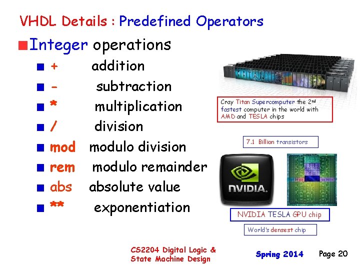 VHDL Details : Predefined Operators Integer operations + addition subtraction * multiplication / division