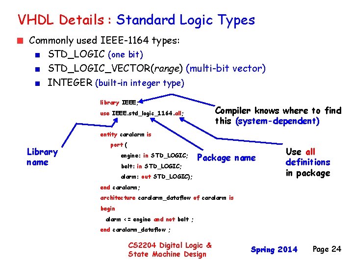 VHDL Details : Standard Logic Types Commonly used IEEE-1164 types: STD_LOGIC (one bit) STD_LOGIC_VECTOR(range)