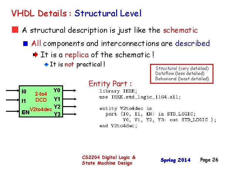 VHDL Details : Structural Level A structural description is just like the schematic All