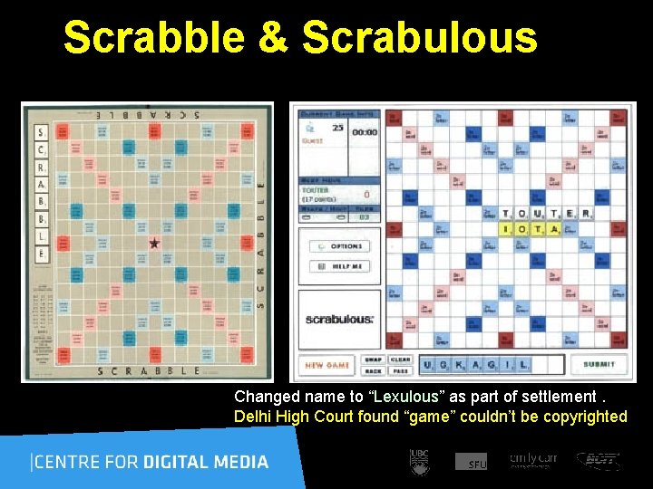 Scrabble & Scrabulous Changed name to “Lexulous” as part of settlement. Delhi High Court