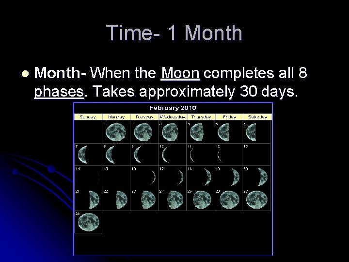 Time- 1 Month l Month- When the Moon completes all 8 phases. Takes approximately