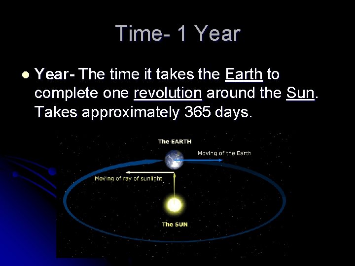 Time- 1 Year l Year- The time it takes the Earth to complete one