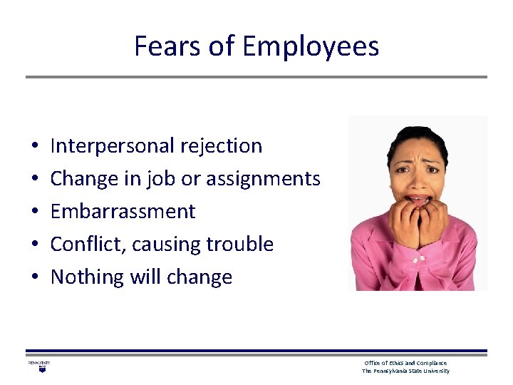 Fears of Employees • • • Interpersonal rejection Change in job or assignments Embarrassment