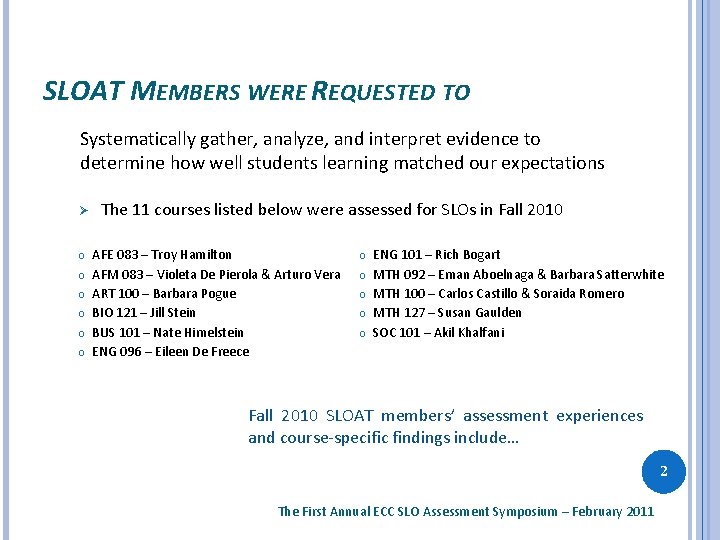 SLOAT MEMBERS WERE REQUESTED TO Systematically gather, analyze, and interpret evidence to determine how