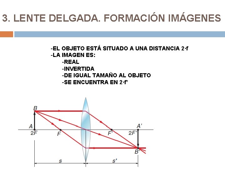 3. LENTE DELGADA. FORMACIÓN IMÁGENES -EL OBJETO ESTÁ SITUADO A UNA DISTANCIA 2·f -LA