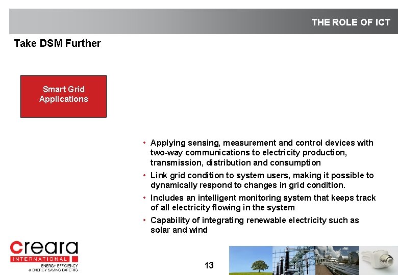 THE ROLE OF ICT Take DSM Further Smart Grid Applications • Applying sensing, measurement