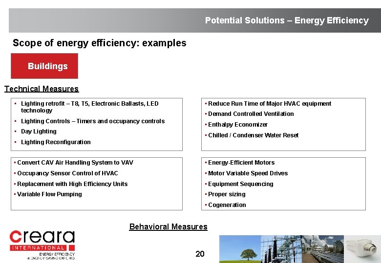 Potential Solutions – Energy Efficiency Scope of energy efficiency: examples Buildings Technical Measures •