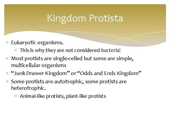 Kingdom Protista Eukaryotic organisms. This is why they are not considered bacteria! Most protists