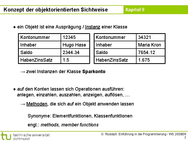 Konzept der objektorientierten Sichtweise Kapitel 9 ● ein Objekt ist eine Ausprägung / Instanz