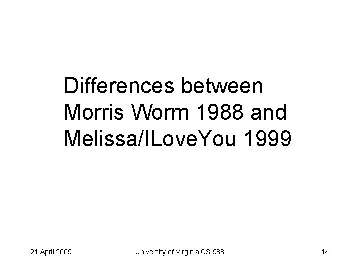 Differences between Morris Worm 1988 and Melissa/ILove. You 1999 21 April 2005 University of