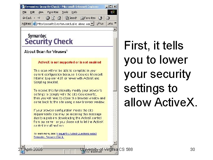First, it tells you to lower your security settings to allow Active. X. 21