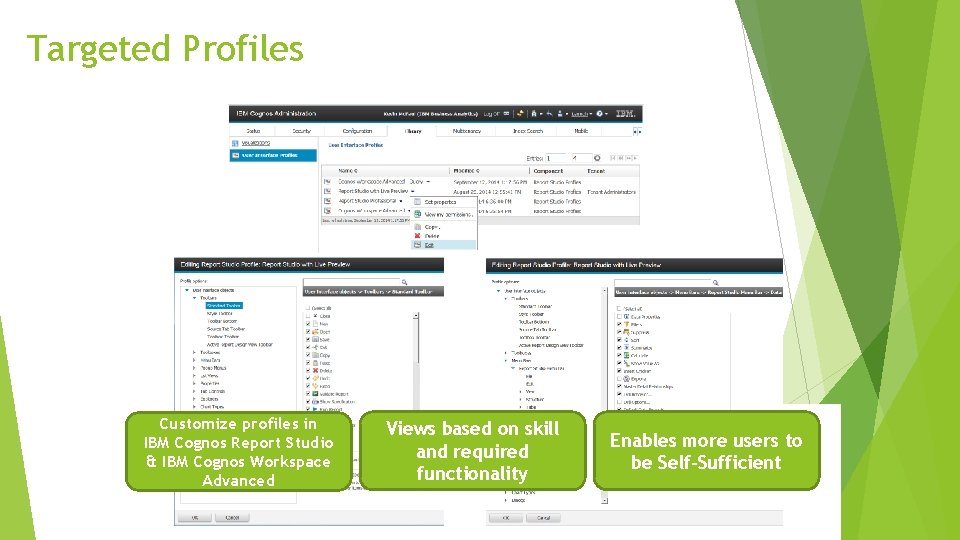 Targeted Profiles Customize profiles in IBM Cognos Report Studio & IBM Cognos Workspace Advanced
