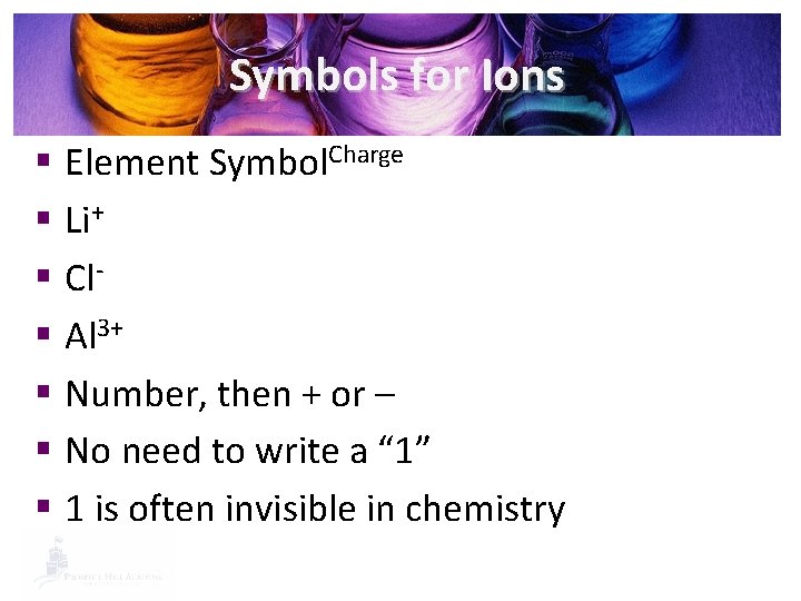 Symbols for Ions § Element Symbol. Charge § Li+ § Cl§ Al 3+ §