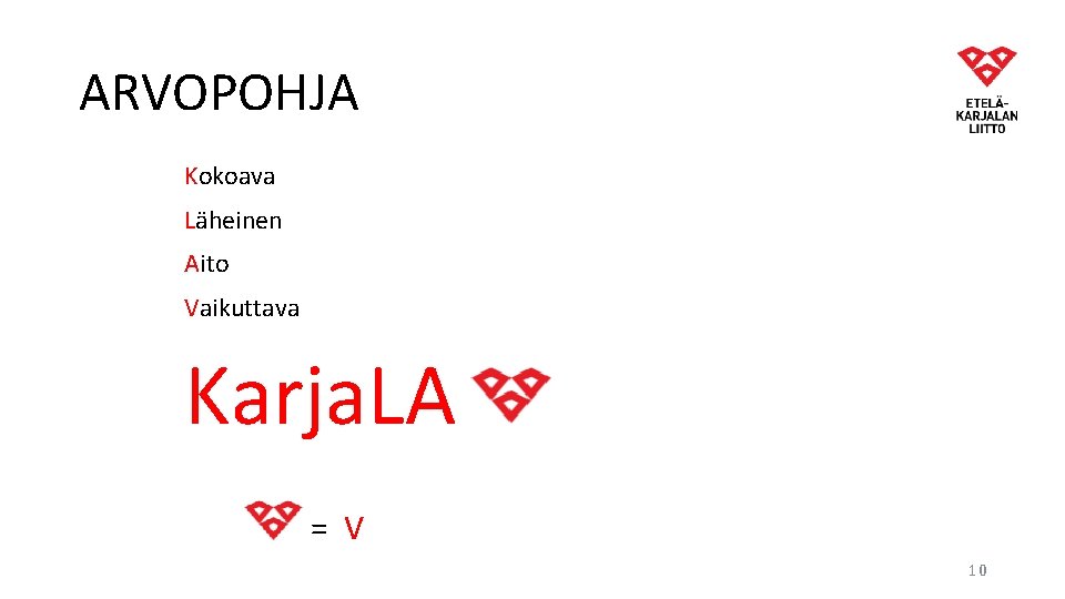 ARVOPOHJA Kokoava Läheinen Aito Vaikuttava Karja. LA = V 10 ARVOPOHJA Kokoava Läheinen Aito Vaikuttava Karja. LA = V 10