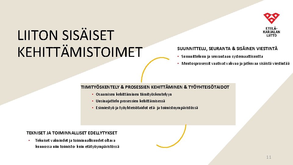 LIITON SISÄISET KEHITTÄMISTOIMET SUUNNITTELU, SEURANTA & SISÄINEN VIESTINTÄ • Suunnitteluun ja seurantaan systemaattisuutta • LIITON SISÄISET KEHITTÄMISTOIMET SUUNNITTELU, SEURANTA & SISÄINEN VIESTINTÄ • Suunnitteluun ja seurantaan systemaattisuutta •