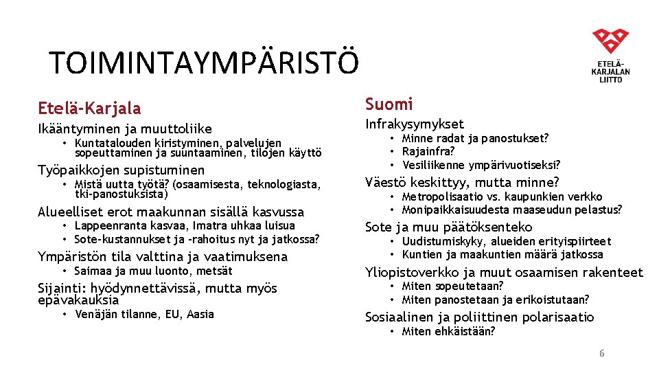 TOIMINTAYMPÄRISTÖ Etelä-Karjala Ikääntyminen ja muuttoliike • Kuntatalouden kiristyminen, palvelujen sopeuttaminen ja suuntaaminen, tilojen käyttö TOIMINTAYMPÄRISTÖ Etelä-Karjala Ikääntyminen ja muuttoliike • Kuntatalouden kiristyminen, palvelujen sopeuttaminen ja suuntaaminen, tilojen käyttö