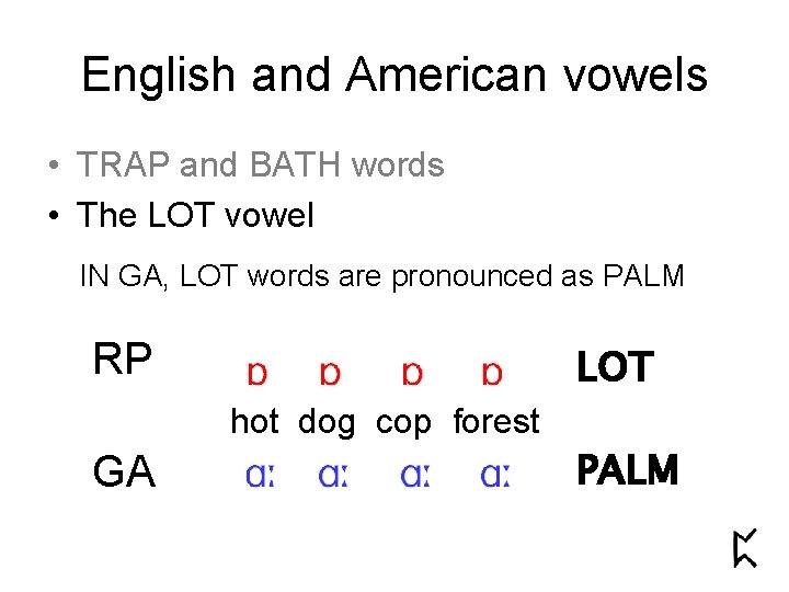 English and American vowels • TRAP and BATH words • The LOT vowel IN