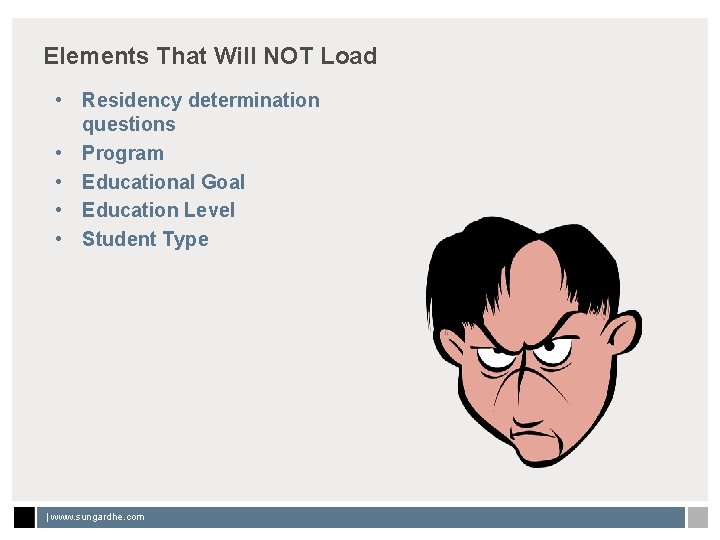 Elements That Will NOT Load • Residency determination questions • Program • Educational Goal