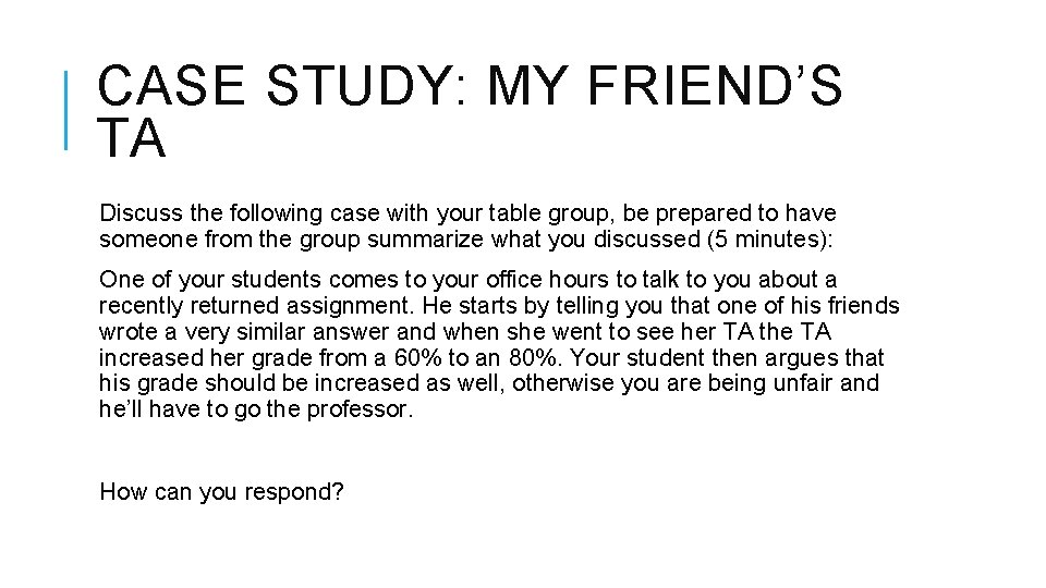 CASE STUDY: MY FRIEND’S TA Discuss the following case with your table group, be