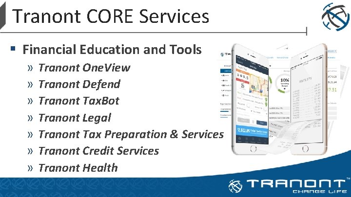 Tranont CORE Services § Financial Education and Tools » Tranont One. View » Tranont