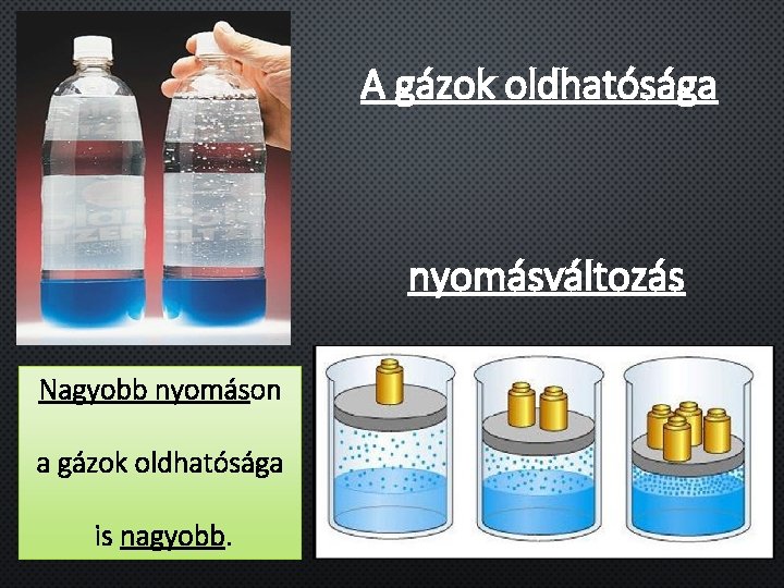 A gázok oldhatósága nyomásváltozás Nagyobb nyomáson a gázok oldhatósága is nagyobb. 