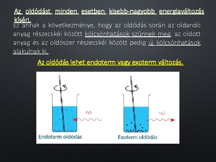 Az oldódást minden esetben kisebb-nagyobb energiaváltozás kíséri. Ez annak a következménye, hogy az oldódás