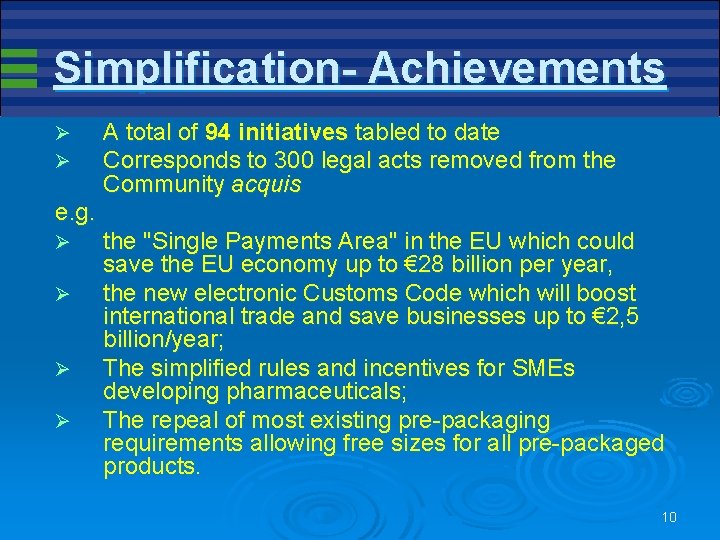 Simplification- Achievements Ø Ø A total of 94 initiatives tabled to date Corresponds to Simplification- Achievements Ø Ø A total of 94 initiatives tabled to date Corresponds to