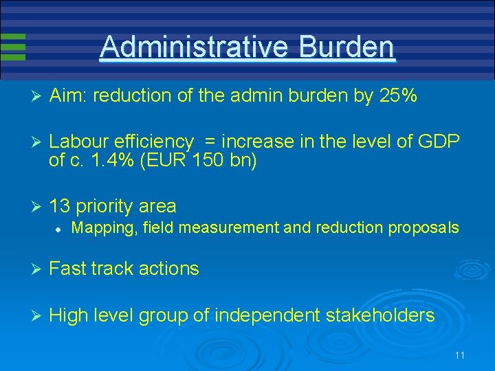 Administrative Burden Ø Aim: reduction of the admin burden by 25% Ø Labour efficiency Administrative Burden Ø Aim: reduction of the admin burden by 25% Ø Labour efficiency