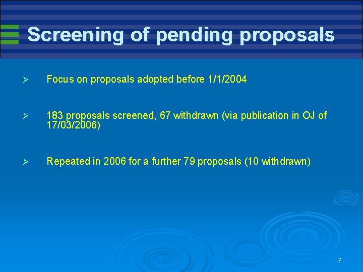 Screening of pending proposals Ø Focus on proposals adopted before 1/1/2004 Ø 183 proposals Screening of pending proposals Ø Focus on proposals adopted before 1/1/2004 Ø 183 proposals