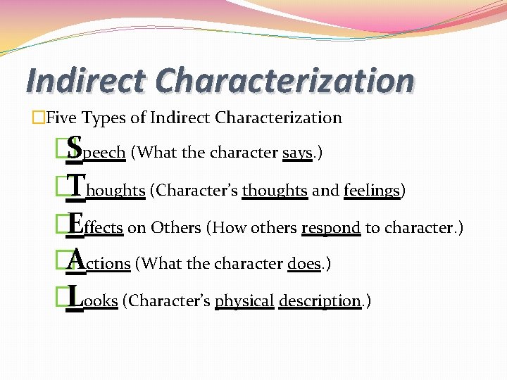 Indirect Characterization �Five Types of Indirect Characterization �Speech (What the character says. ) �Thoughts Indirect Characterization �Five Types of Indirect Characterization �Speech (What the character says. ) �Thoughts