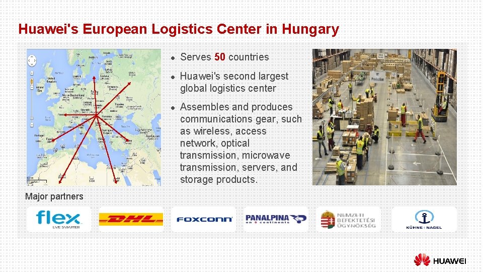 Huawei's European Logistics Center in Hungary l l l Major partners Serves 50 countries