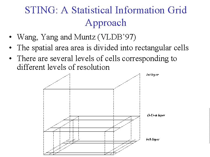 STING: A Statistical Information Grid Approach • Wang, Yang and Muntz (VLDB’ 97) •