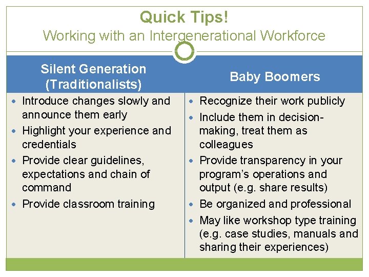 Quick Tips! Working with an Intergenerational Workforce Silent Generation (Traditionalists) Baby Boomers Introduce changes