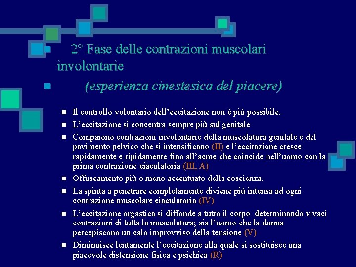 n n 2° Fase delle contrazioni muscolari involontarie (esperienza cinestesica del piacere) n n