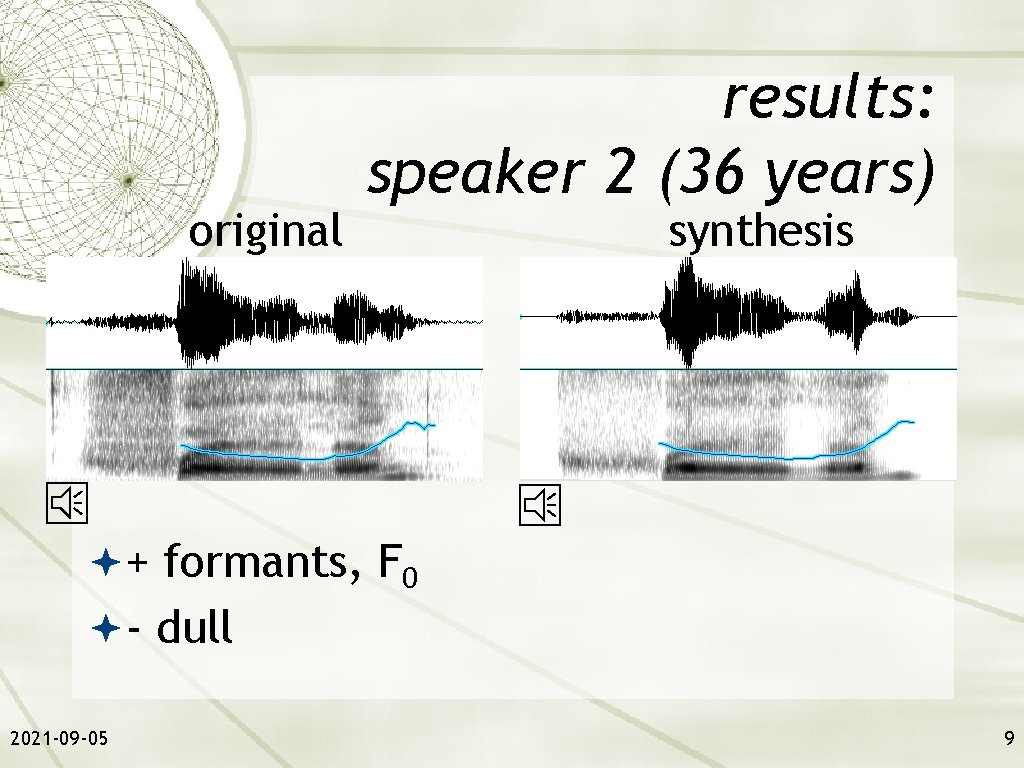 original results: speaker 2 (36 years) synthesis + formants, F 0 - dull 2021