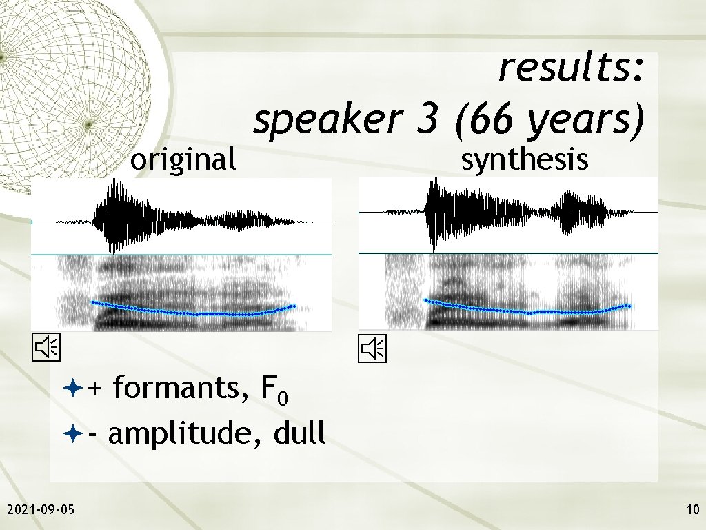 original results: speaker 3 (66 years) synthesis + formants, F 0 - amplitude, dull