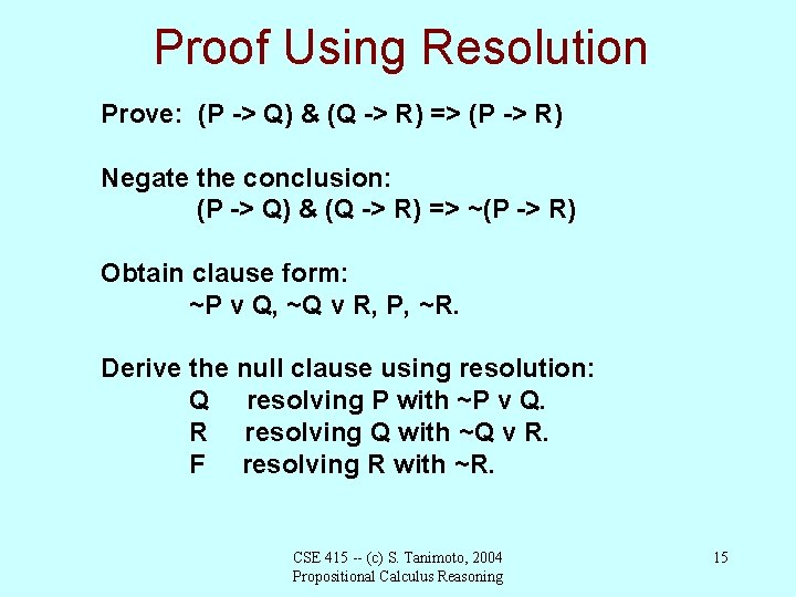 Proof Using Resolution Prove: (P -> Q) & (Q -> R) => (P ->