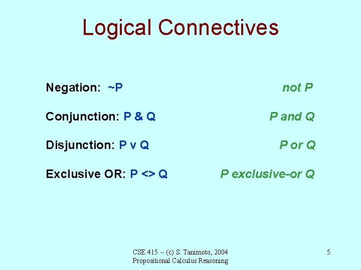 Logical Connectives Negation: ~P not P Conjunction: P & Q P and Q Disjunction: