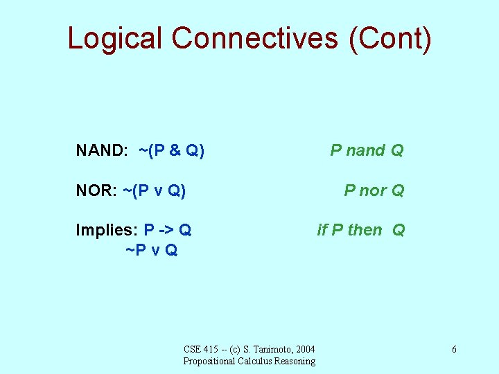 Logical Connectives (Cont) NAND: ~(P & Q) NOR: ~(P v Q) Implies: P ->