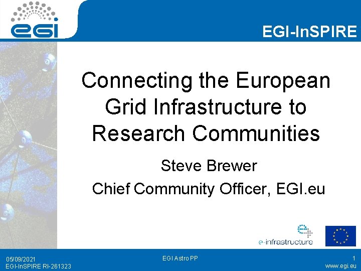 EGI-In. SPIRE Connecting the European Grid Infrastructure to Research Communities Steve Brewer Chief Community