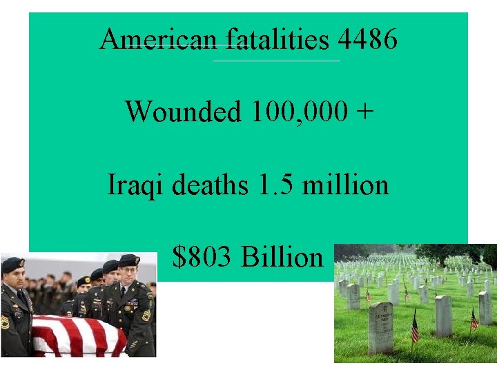 American fatalities 4486 Wounded 100, 000 + Iraqi deaths 1. 5 million $803 Billion American fatalities 4486 Wounded 100, 000 + Iraqi deaths 1. 5 million $803 Billion