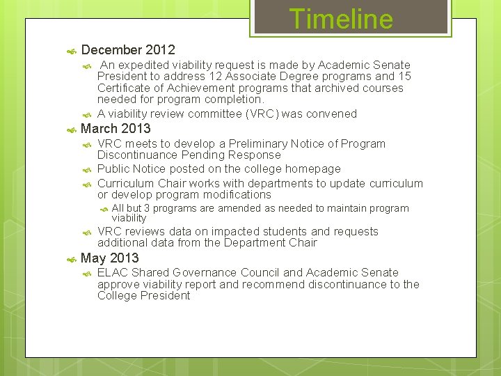 Timeline December 2012 An expedited viability request is made by Academic Senate President to