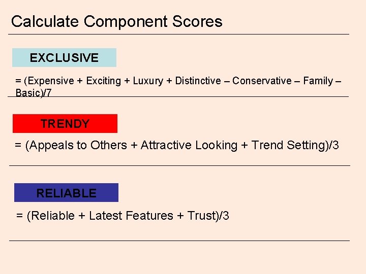 Calculate Component Scores EXCLUSIVE = (Expensive + Exciting + Luxury + Distinctive – Conservative