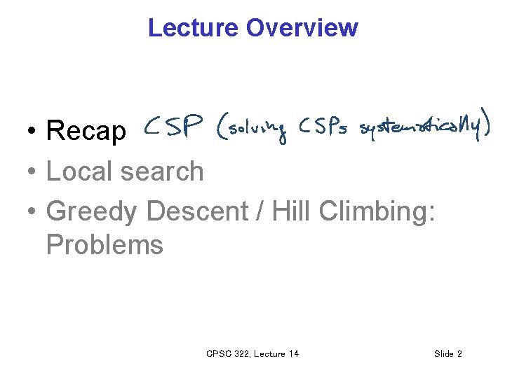 Lecture Overview • Recap • Local search • Greedy Descent / Hill Climbing: Problems