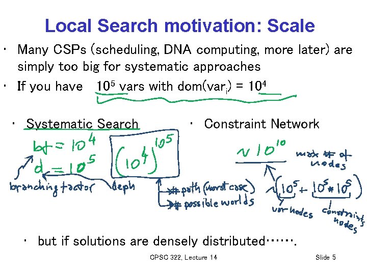 Local Search motivation: Scale • Many CSPs (scheduling, DNA computing, more later) are simply