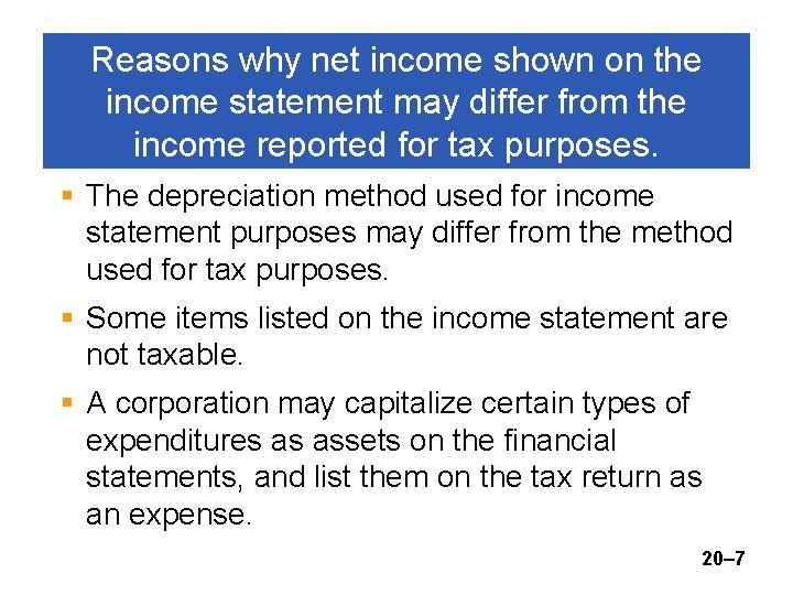 Reasons why net income shown on the income statement may differ from the income