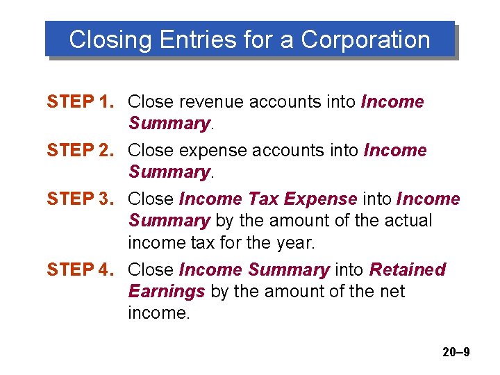 Closing Entries for a Corporation STEP 1. Close revenue accounts into Income Summary. STEP